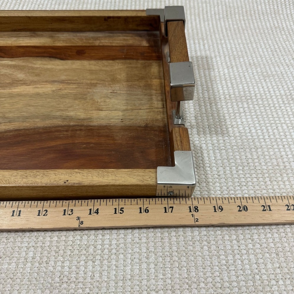 Modern Industrial Wood Serving Tray with Silver Metal Handles Corner Brackets - Picture 3 of 6